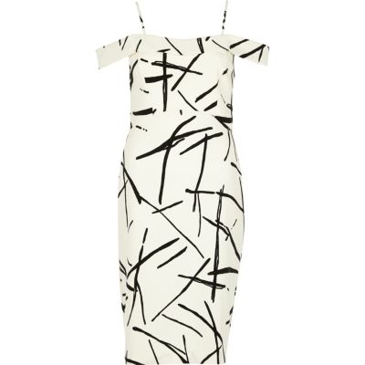 White abstract print bardot bodycon dress